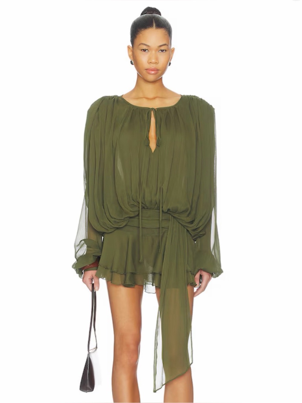 Olive Green Long Sleeve Tie-Waist Mini Dress - Picture 2 of 2